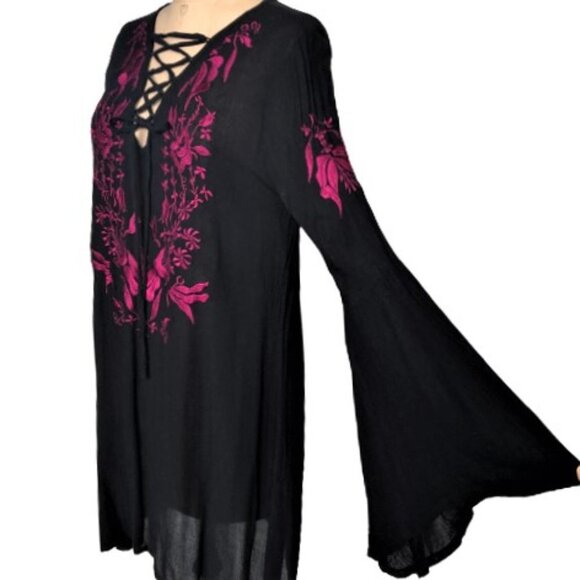 California Moonrise boho hippie embroidered bell sleeves lace up dress - Picture 1 of 14